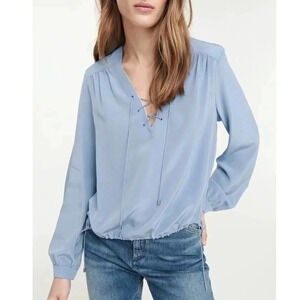 Dorothee Schumacher 100% Silk Steel Blue Drawstring Fluid Volumes Blouse Size 2